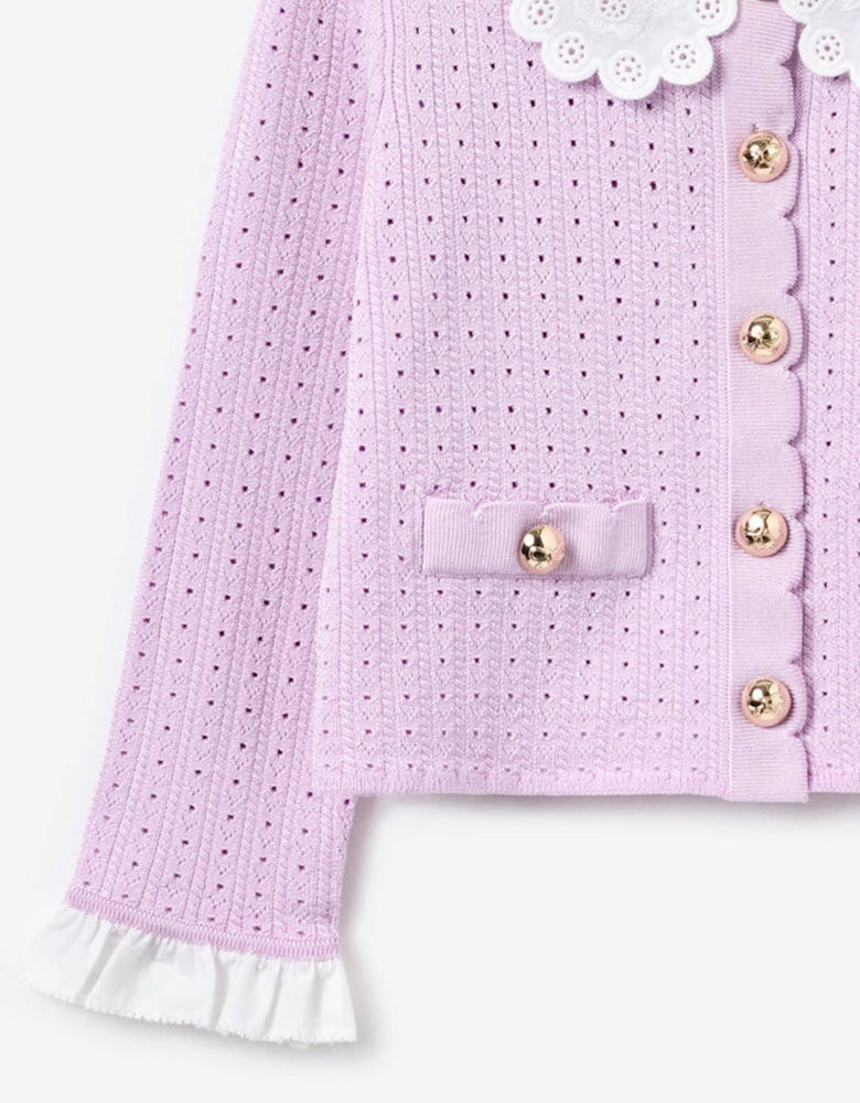 Girls Pointelle Ribbed Knit Cardigan in Pink