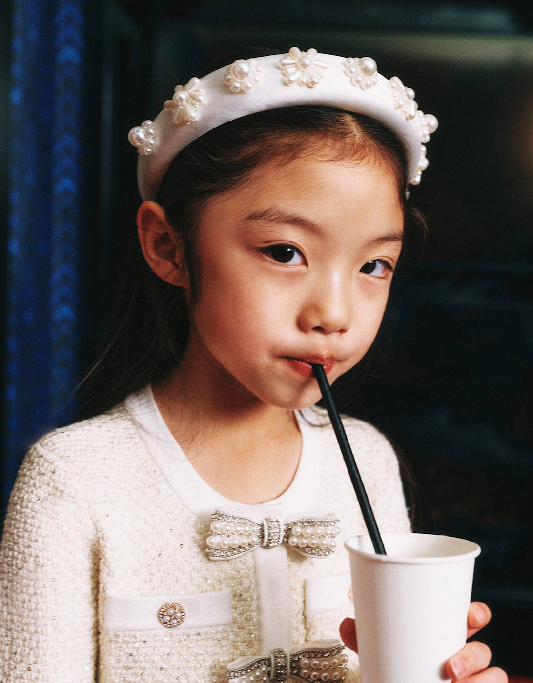 Girls Pearl Flower Satin Headband in White