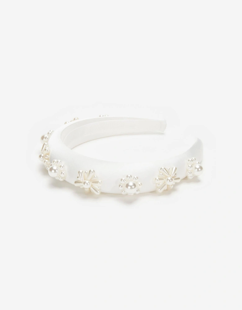 Girls Pearl Flower Satin Headband in White