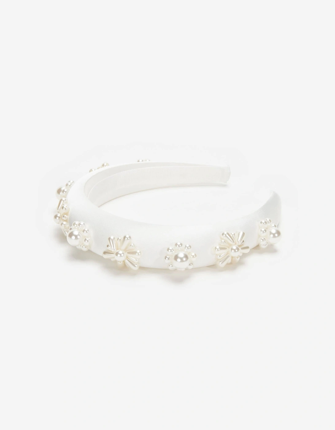 Girls Pearl Flower Satin Headband in White