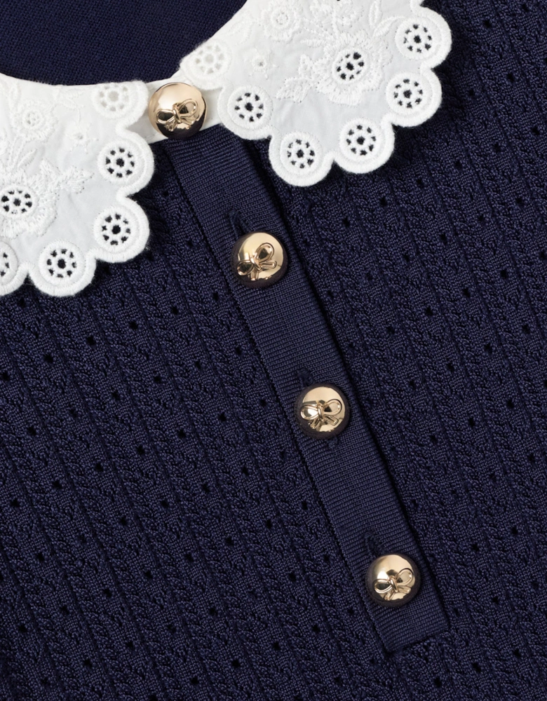 Girls Contrast Collar Knit Dress in Navy