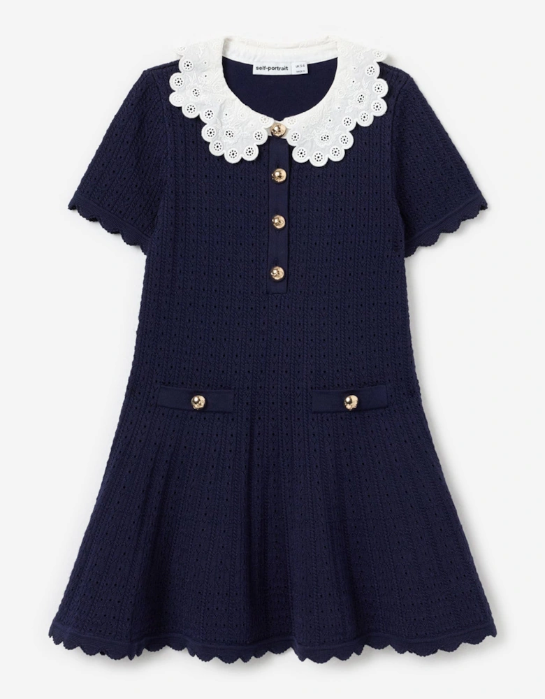 Girls Contrast Collar Knit Dress in Navy