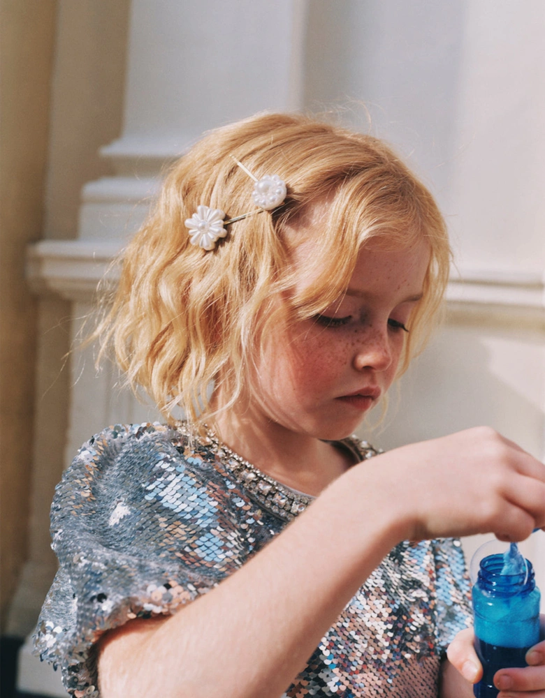 Girls Pearl Flower Hair Clips in Gold