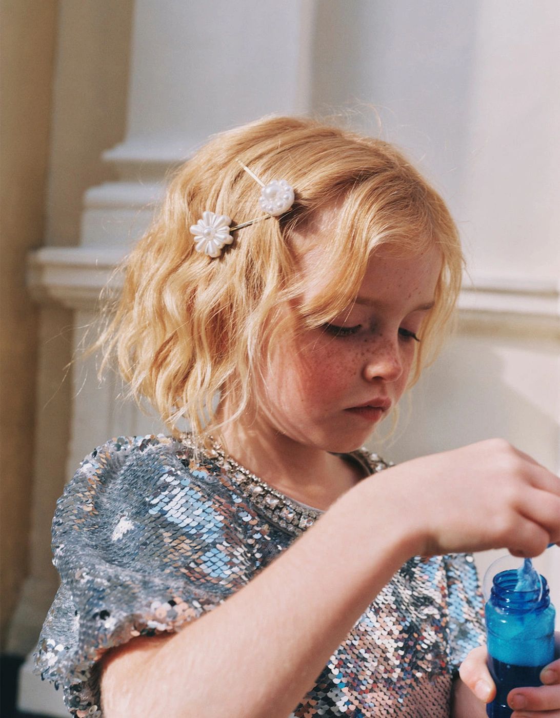 Girls Pearl Flower Hair Clips in Gold