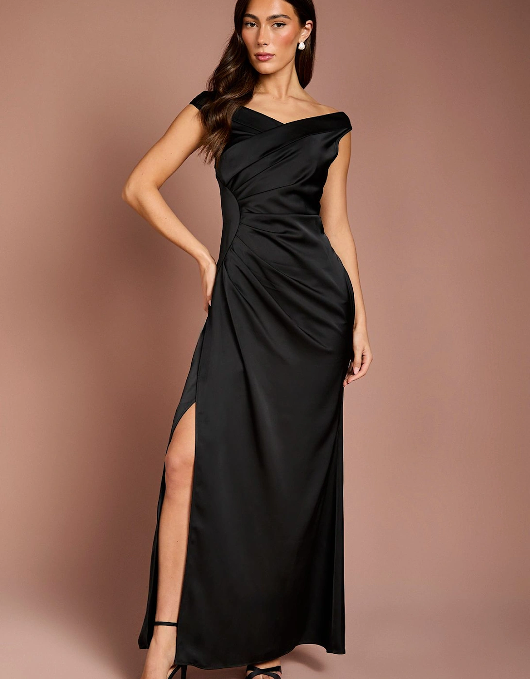 Satin Bardot Bridesmaid Maxi Dress with Waist Ruching Detail, 2 of 1