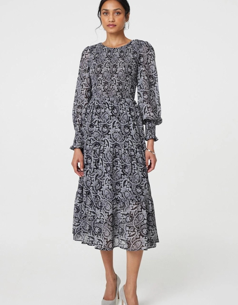 Paisley Long Puff Sleeve Midi Smock Dress