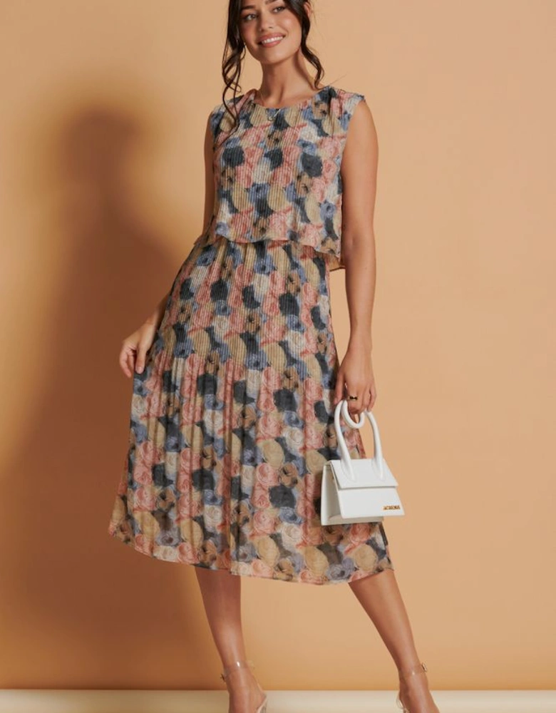 Chiffon Pleated Overlay Midi Dress