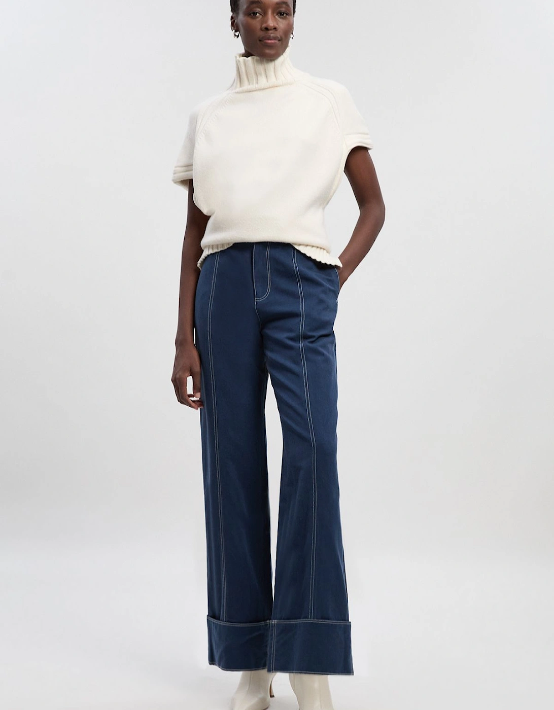 Tencel Cotton Contrast Stitch Woven Straight Leg Trouser, 2 of 1