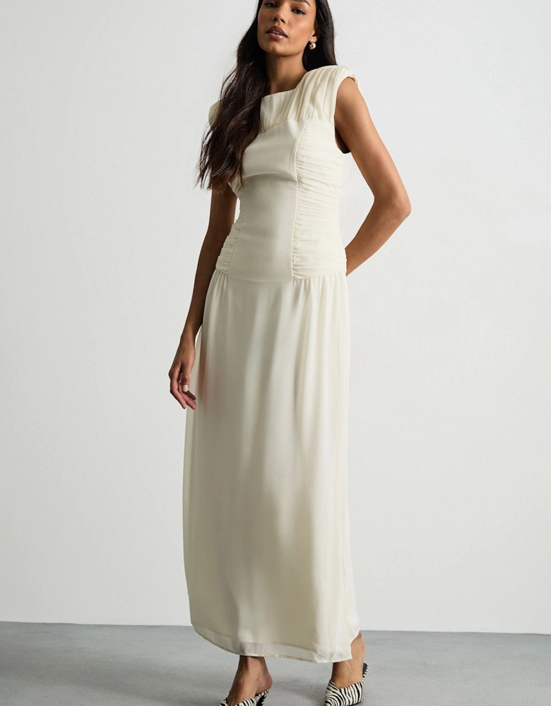 Ruched Waist Sleeveless Shoulder Pad Detail Maxi Dress