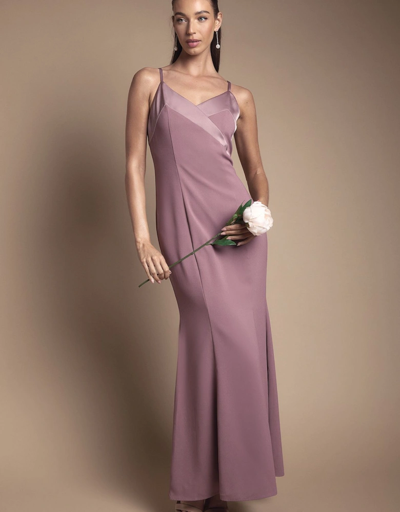 Strappy V Neck Satin Trim Bridesmaid Dress