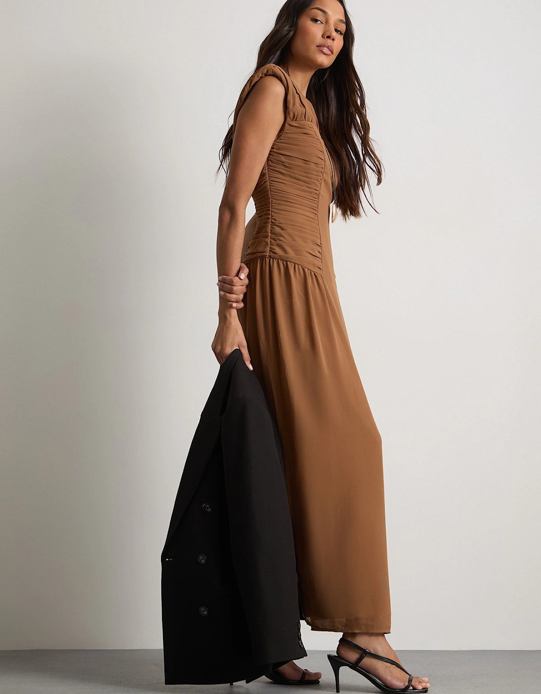 Ruched Waist Sleeveless Shoulder Pad Detail Maxi Dress, 2 of 1