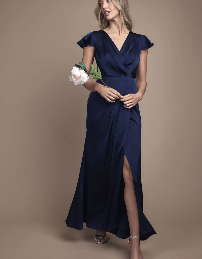 Wrap Front Flutter Sleeve Maxi Bridesmaid Dress