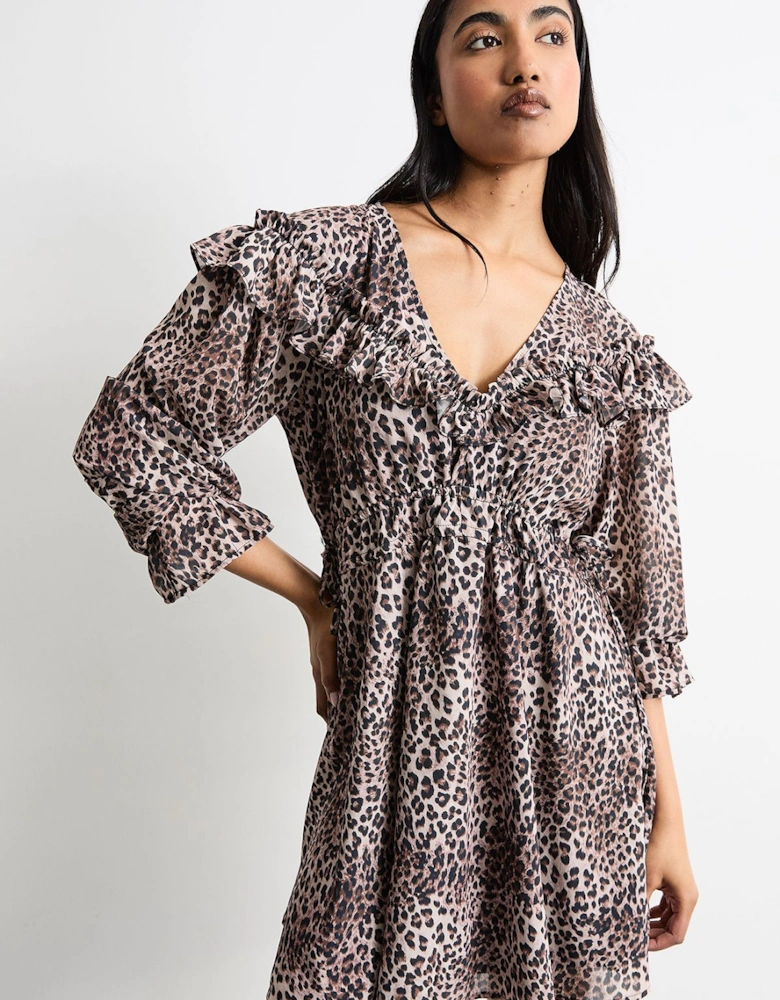 Printed Ruffle Shoulder Detail V Neck Boho Mini Dress