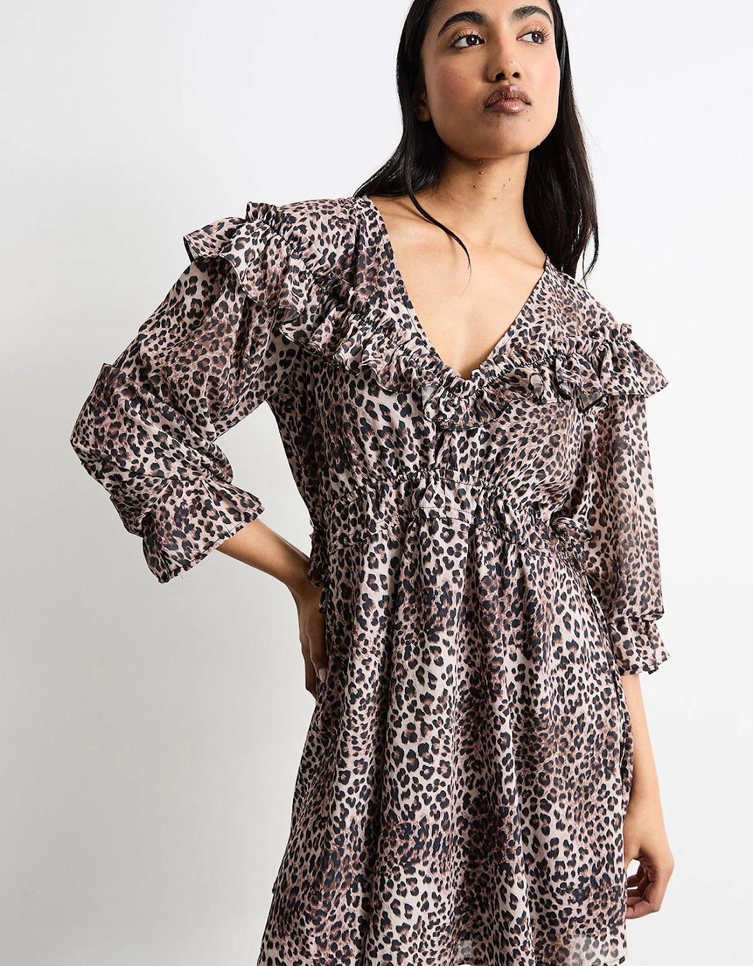 Printed Ruffle Shoulder Detail V Neck Boho Mini Dress, 2 of 1