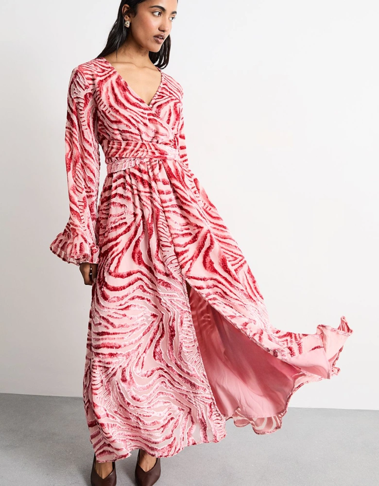 Burnout Velvet Plunge Neck Flared Sleeve Belted Maxi Dress