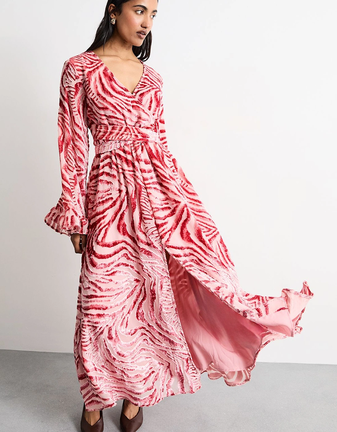 Burnout Velvet Plunge Neck Flared Sleeve Belted Maxi Dress, 2 of 1