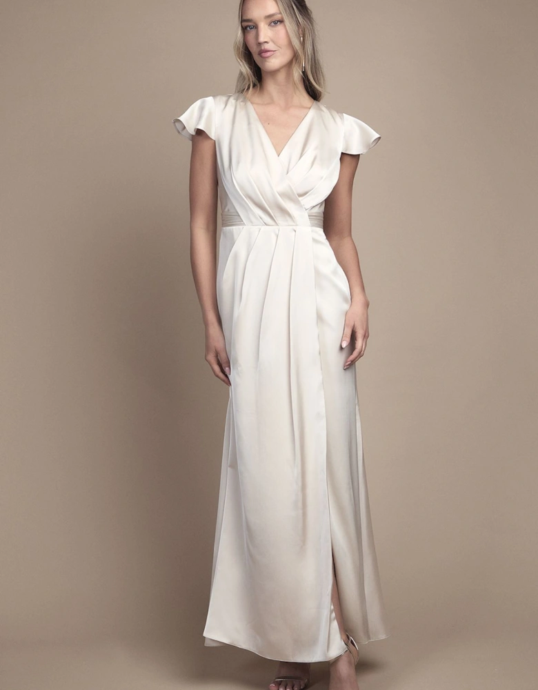 Wrap Front Flutter Sleeve Maxi Bridesmaid Dress