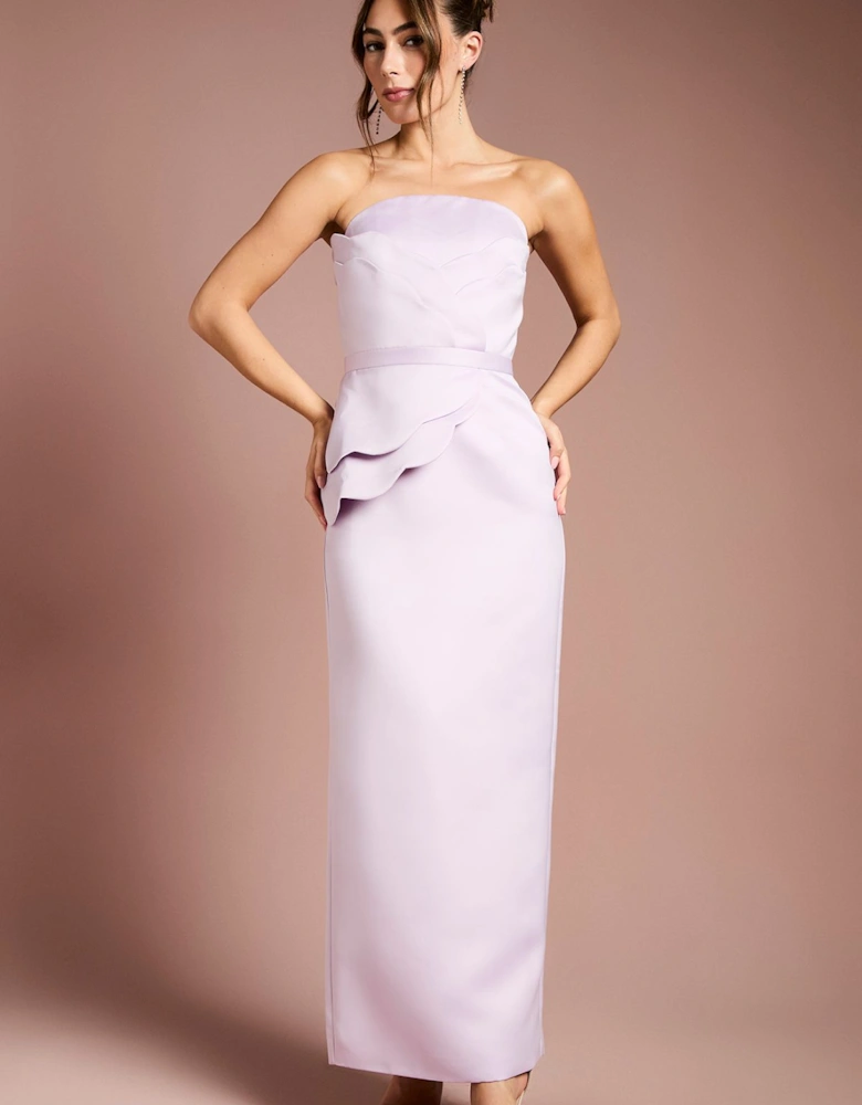 Scallop Detail Bandeau Structured Satin Maxi Dress