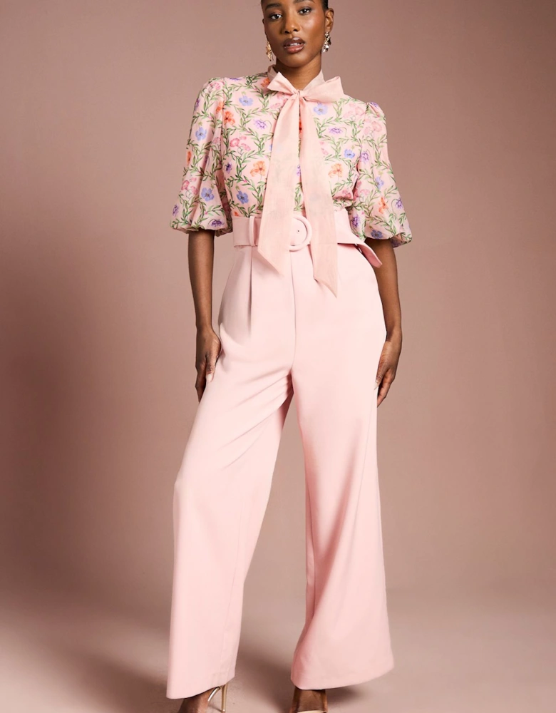 Puff Sleeve Printed Tie Detail Jumpsuit