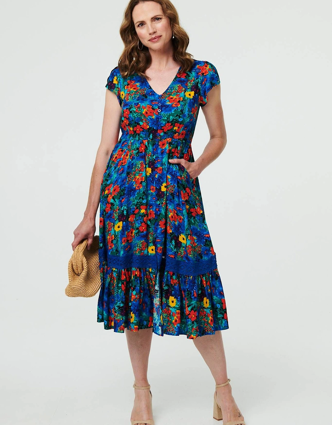 Floral Lace Trim Cap Sleeve Midi Dress, 2 of 1