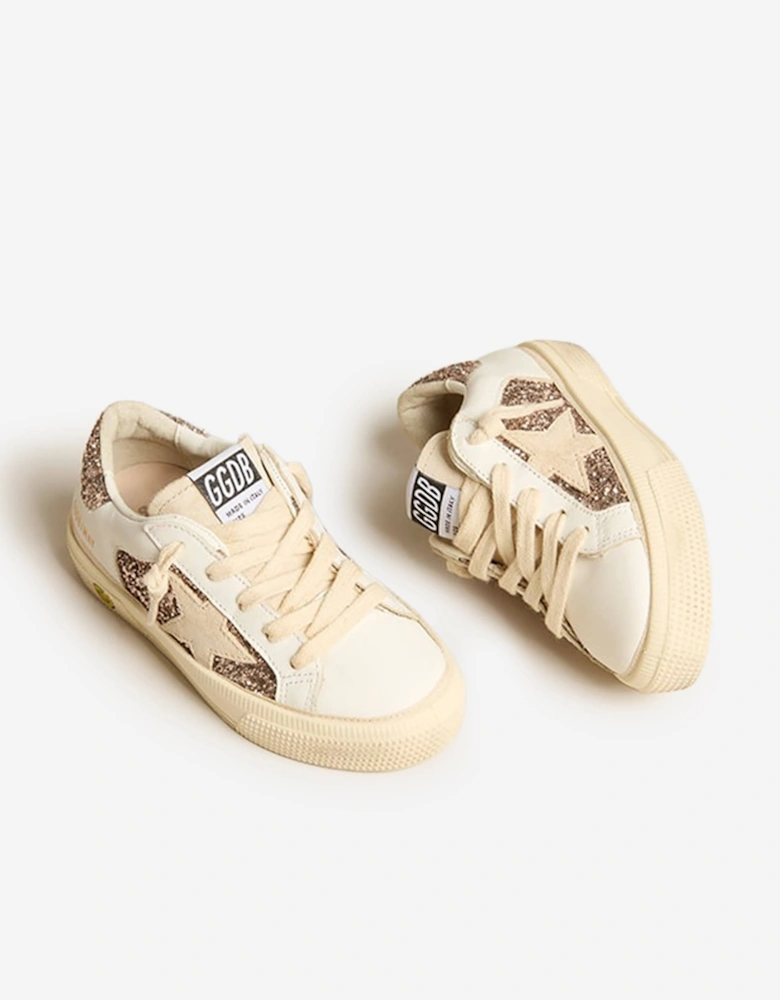 Golden Goose Girls May Leather And Glitter Trainers in Cream