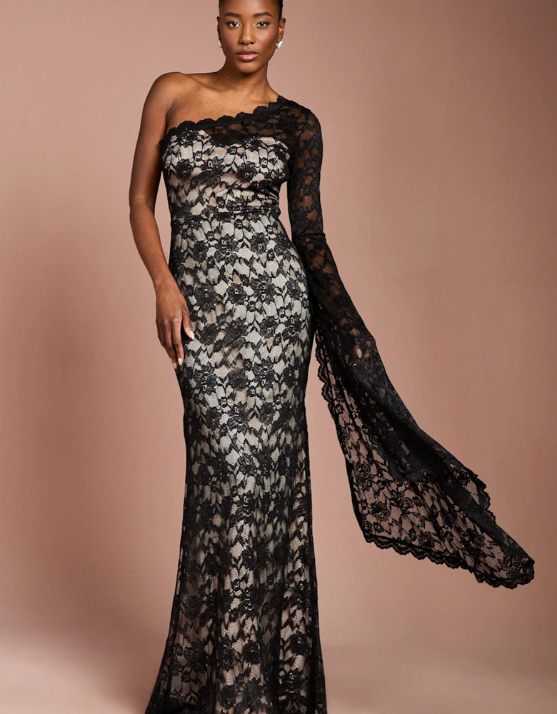 One Shoulder Cap Detail Lace Maxi Dress