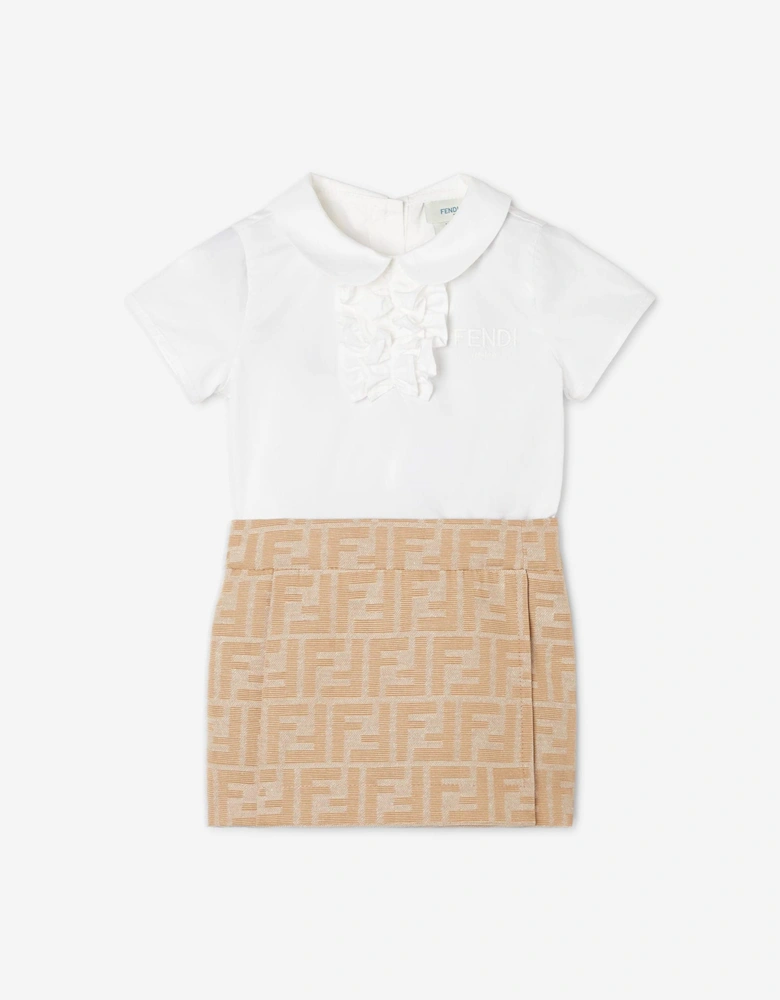 Baby Girls Poplin and Jacquard FF Logo Dress in Beige