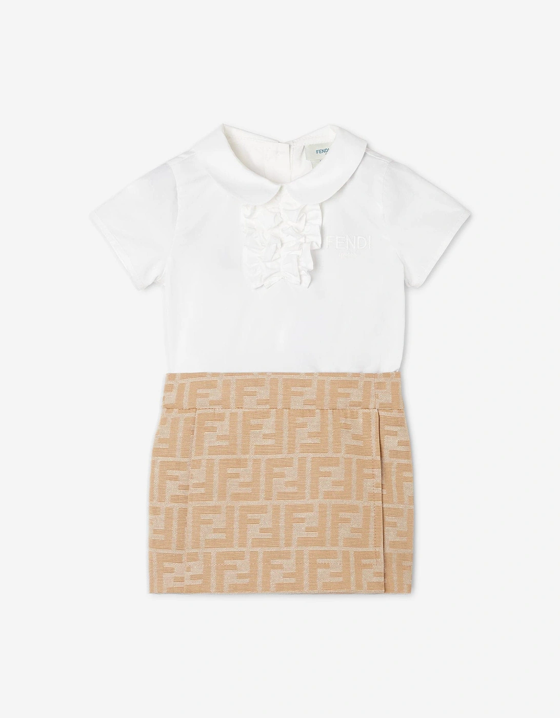 Baby Girls Poplin and Jacquard FF Logo Dress in Beige, 5 of 4