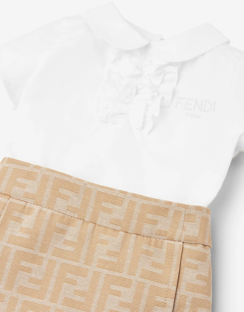 Baby Girls Poplin and Jacquard FF Logo Dress in Beige