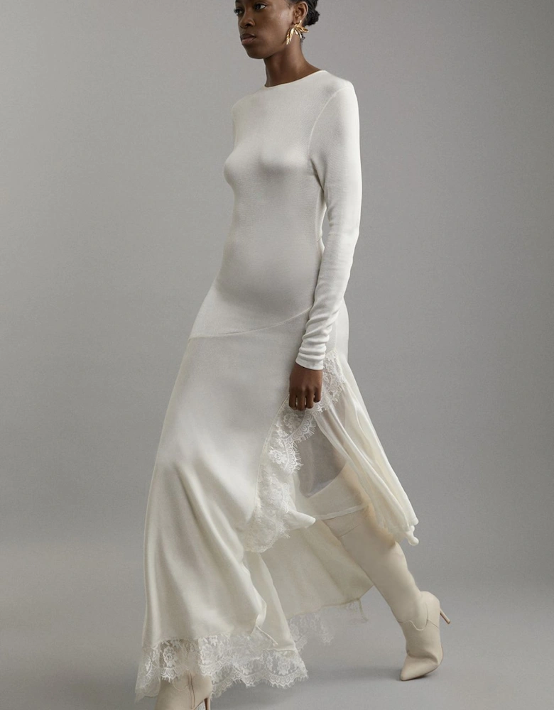 Petite Viscose Blend Slinky Sheer Lace Detail Asymmetric Knit Maxi Dress