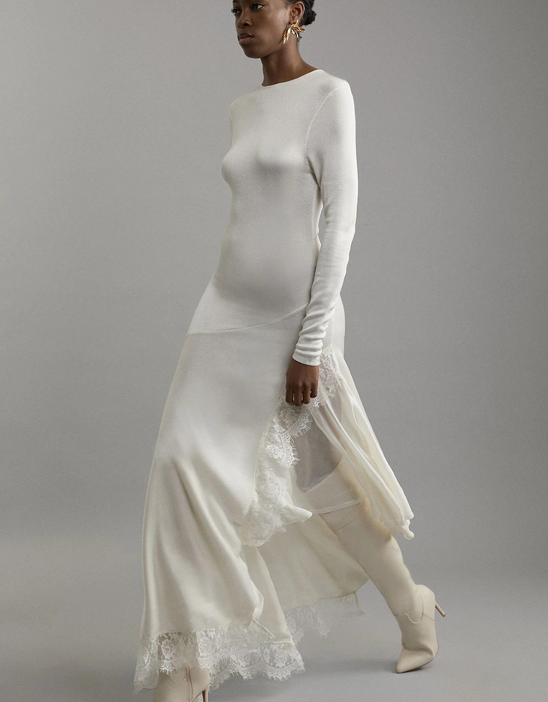 Petite Viscose Blend Slinky Sheer Lace Detail Asymmetric Knit Maxi Dress, 2 of 1