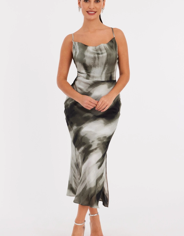 Khaki Satin Marble Midaxi Dress