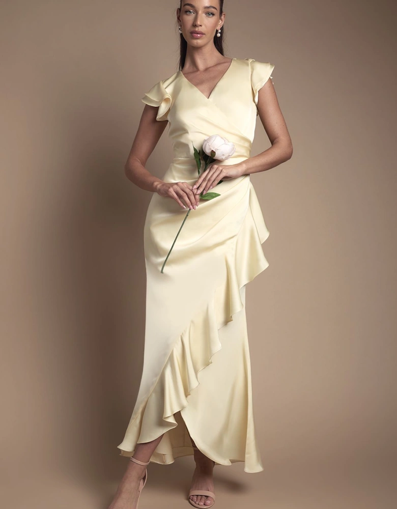 Wrap Front Frill Hem Cap Sleeve Bridesmaid Dress