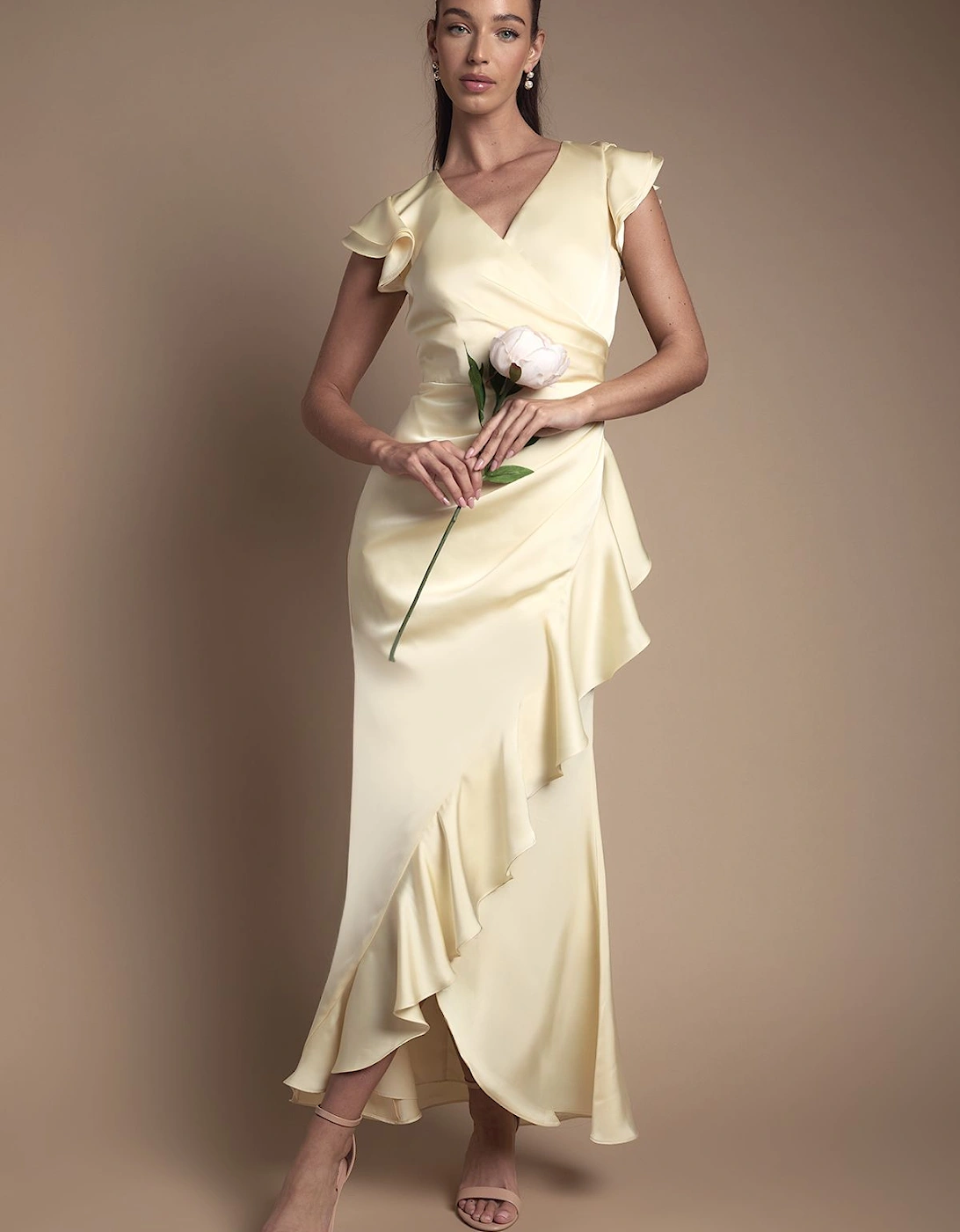 Wrap Front Frill Hem Cap Sleeve Bridesmaid Dress, 2 of 1