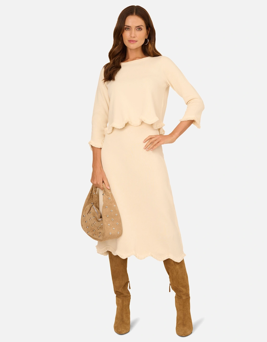 Boat Neck 3/4 Sleeve Pullover Sweater With Wavy Fringe Hem, 2 of 1