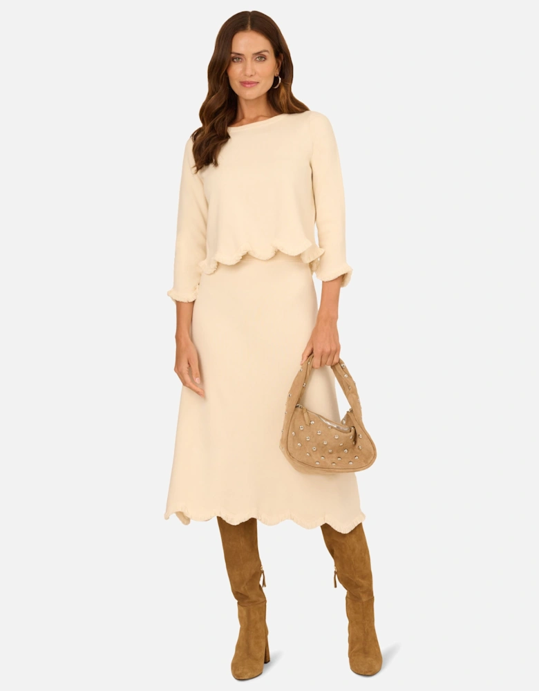 Pull On A-Line Sweater Midi Skirt With Wavy Fringe Hem
