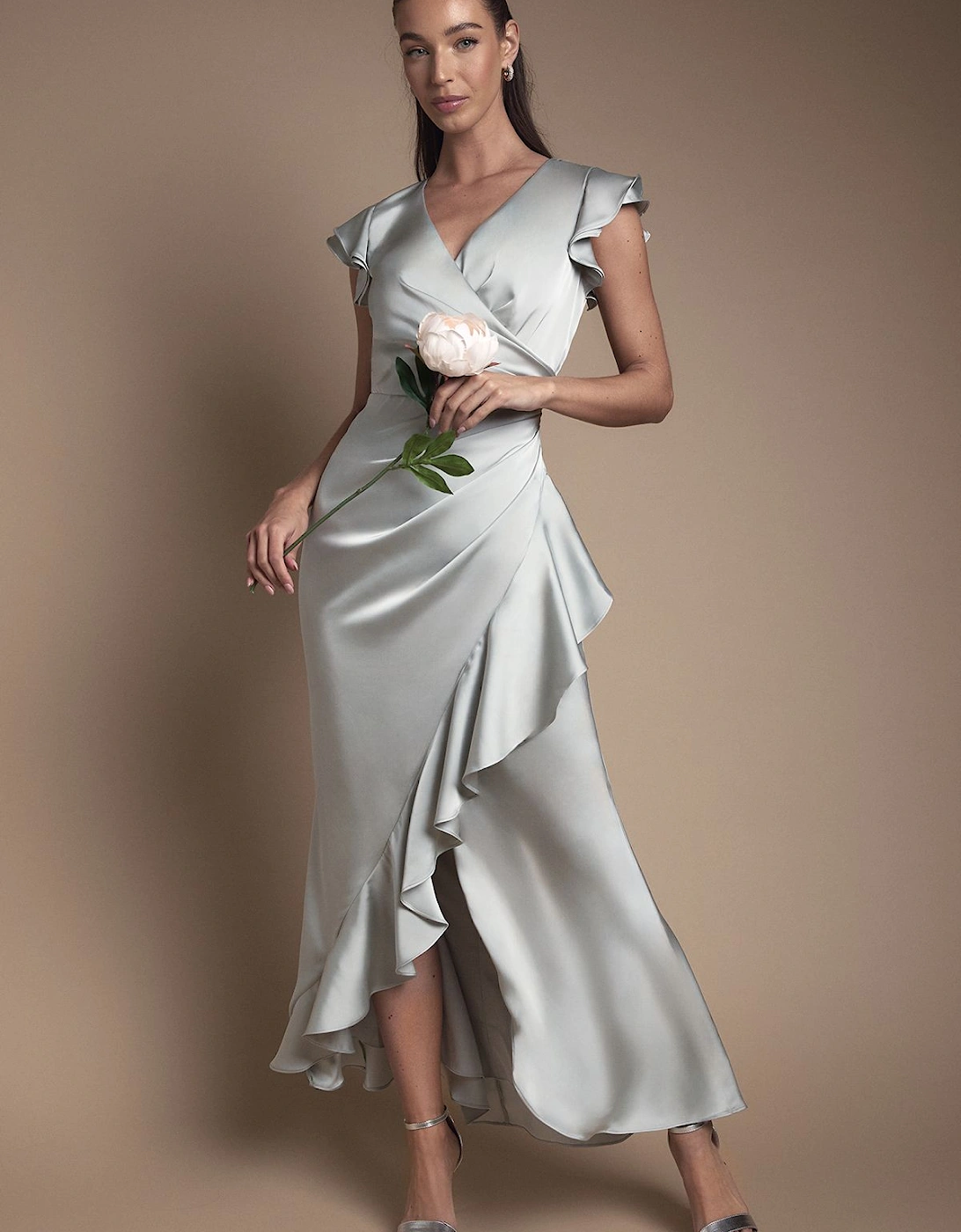 Wrap Front Frill Hem Cap Sleeve Bridesmaid Dress, 2 of 1