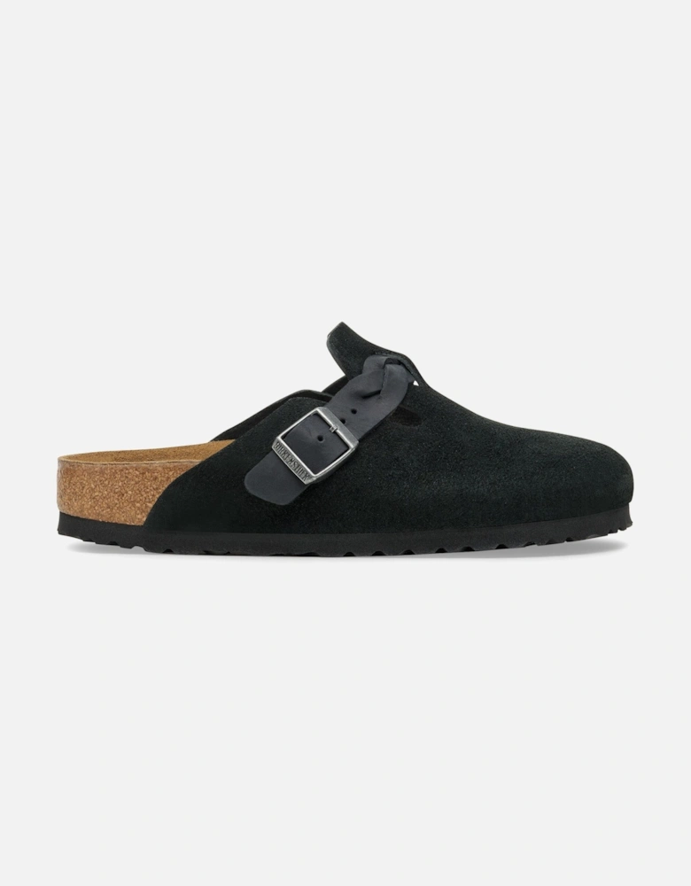 Braided Suede Leather Womens Clogs - Black