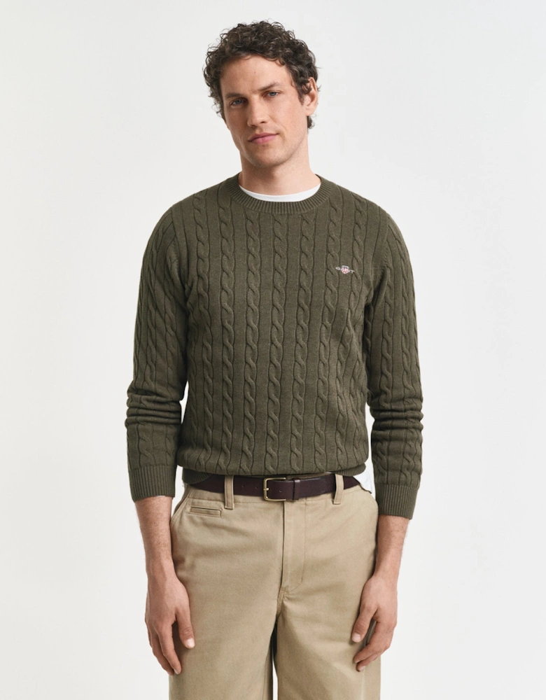 Mens Cotton Cable Knit Crew Neck Jumper - 384 Khaki Green Mel