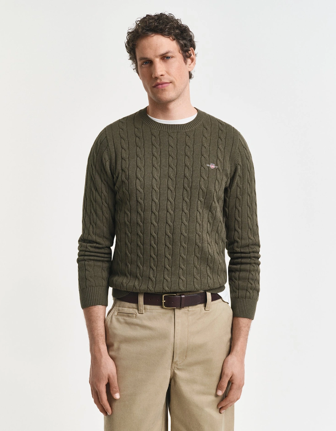 Mens Cotton Cable Knit Crew Neck Jumper - 384 Khaki Green Mel, 5 of 4