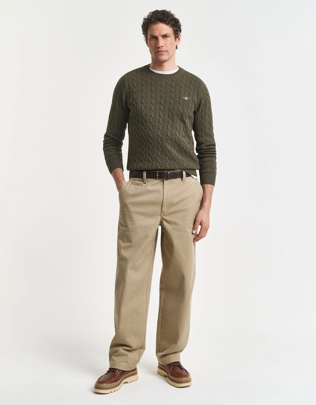 Mens Cotton Cable Knit Crew Neck Jumper - 384 Khaki Green Mel
