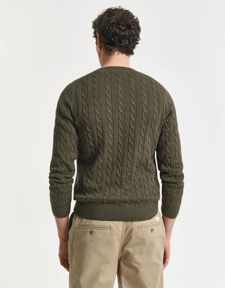 Mens Cotton Cable Knit Crew Neck Jumper - 384 Khaki Green Mel