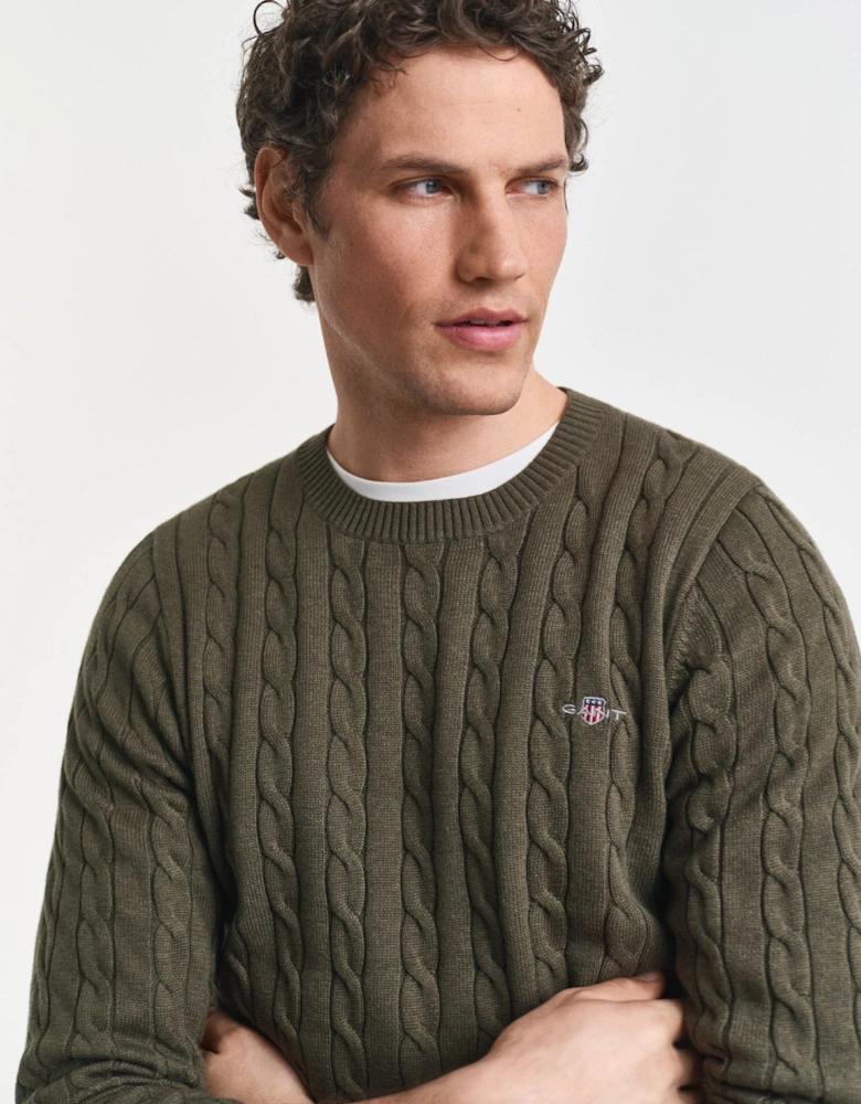 Mens Cotton Cable Knit Crew Neck Jumper - 384 Khaki Green Mel