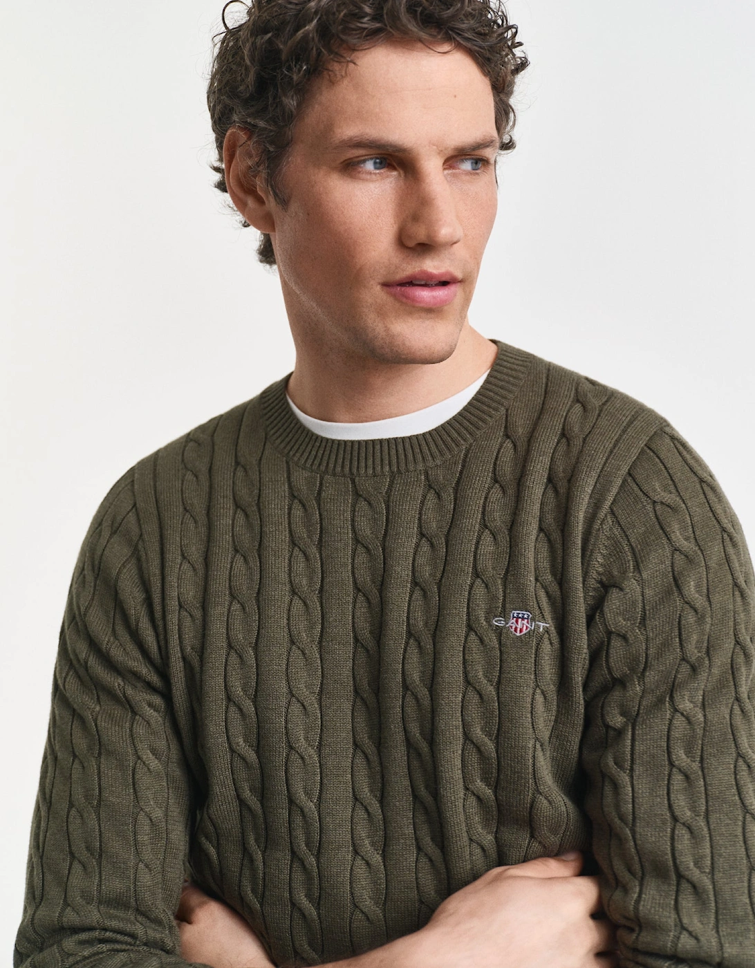 Mens Cotton Cable Knit Crew Neck Jumper - 384 Khaki Green Mel