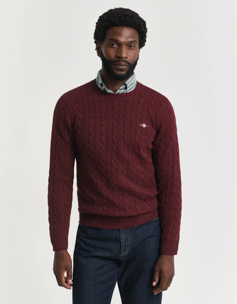 Mens Cotton Cable Knit Crew Neck Jumper - 677 Bordeaux Melange