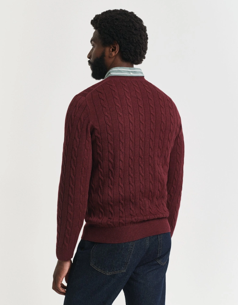 Mens Cotton Cable Knit Crew Neck Jumper - 677 Bordeaux Melange