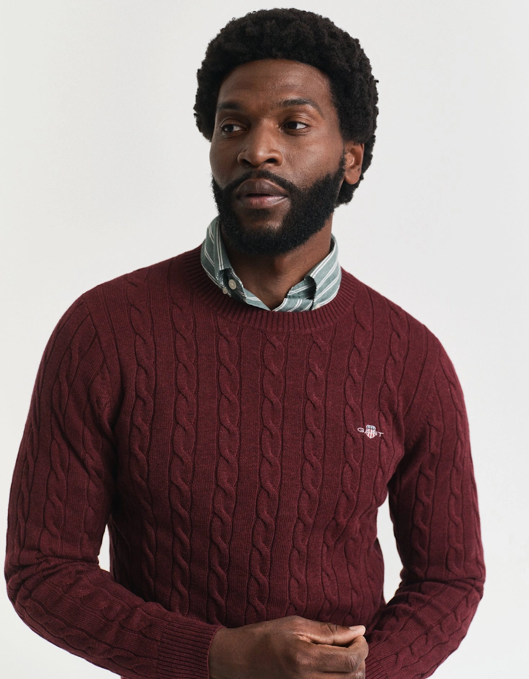 Mens Cotton Cable Knit Crew Neck Jumper - 677 Bordeaux Melange