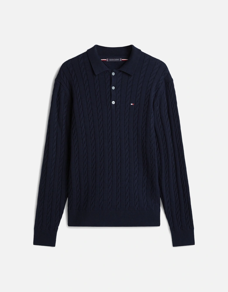 Classic Cotton Cable Mens Long Sleeve Polo - Desert Sky