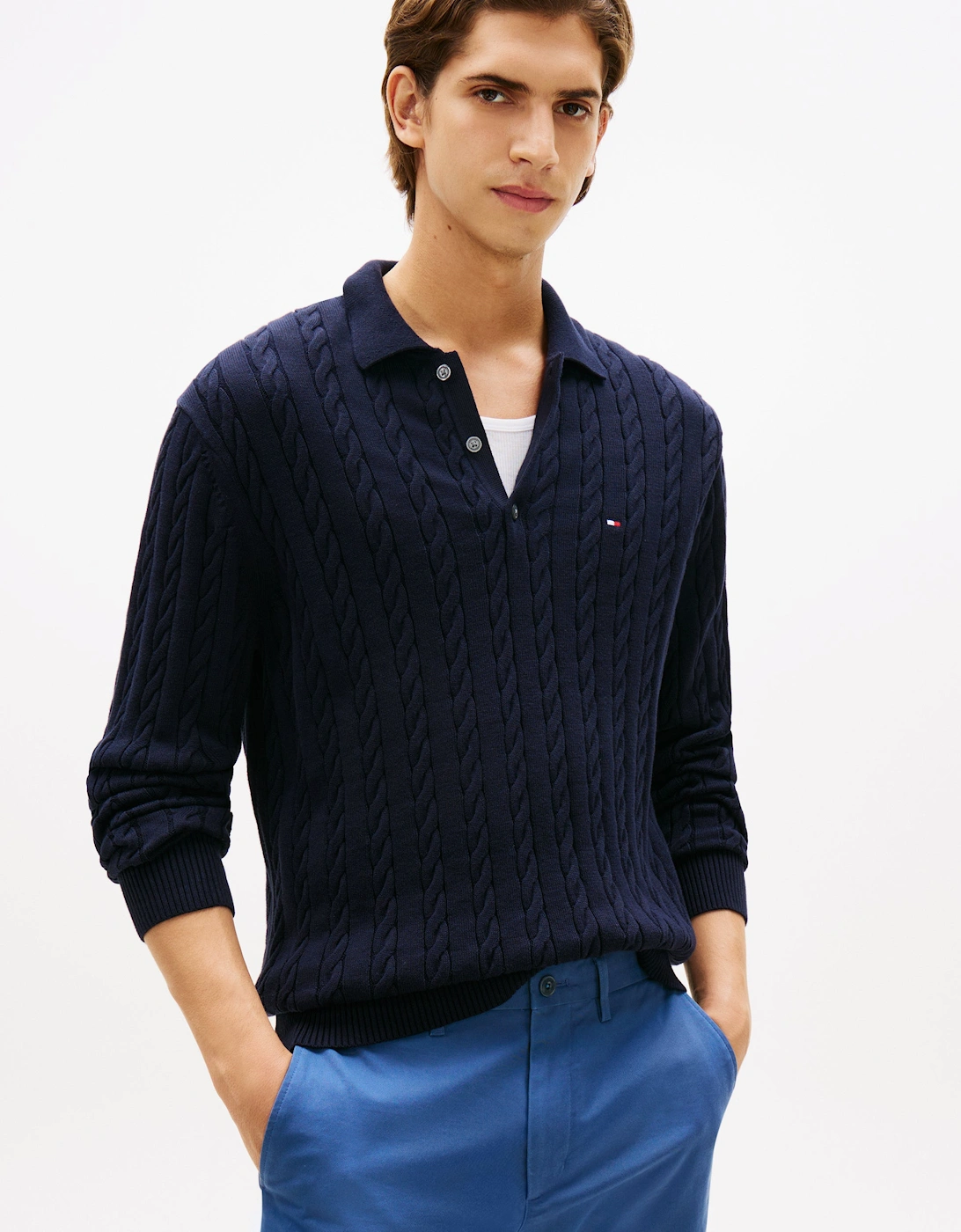 Tommy Hilfiger Men's Classic Cotton Cable Long Sleeve Polo M Blue/Black - Image 5