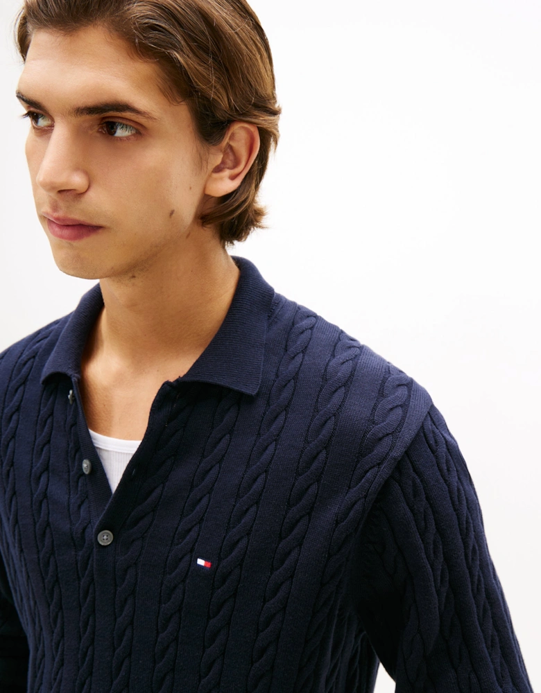 Classic Cotton Cable Mens Long Sleeve Polo - Desert Sky